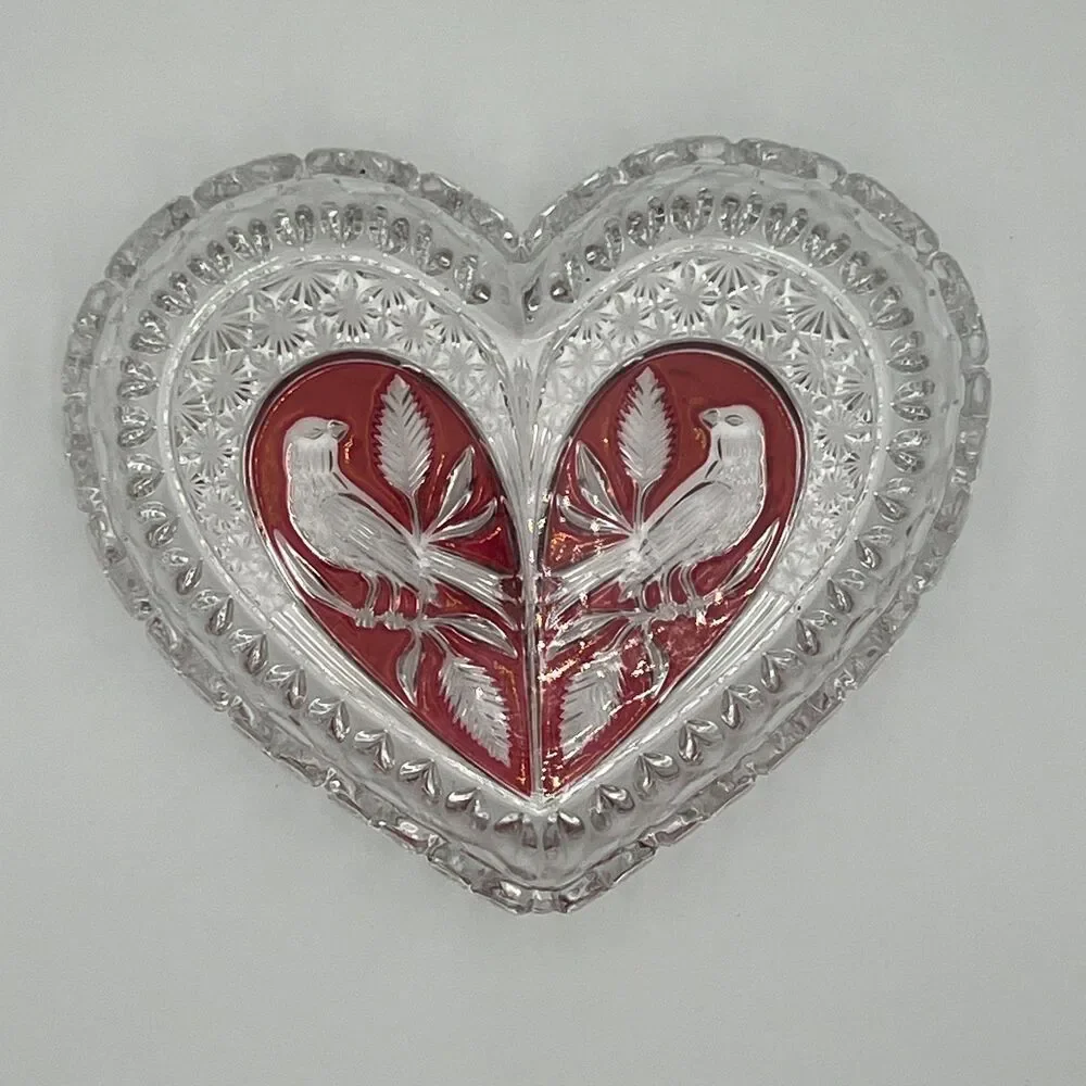 Rare Vintage Hofbauer Ruby‎ Crystal Heart Bird Dish